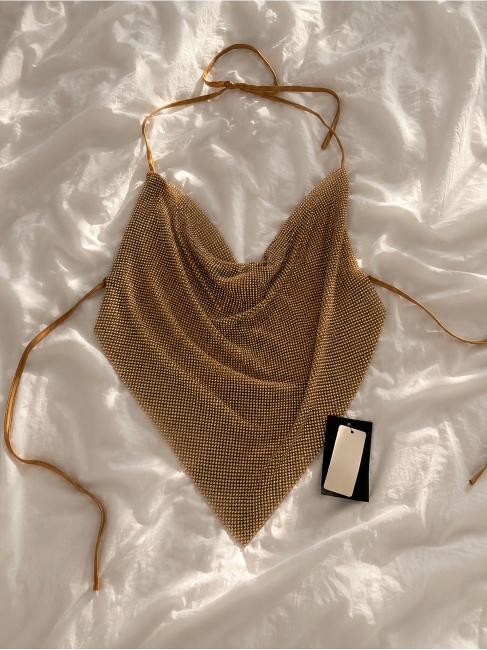 Fashion Nova Gold Rhinestone Halter Bandana Top